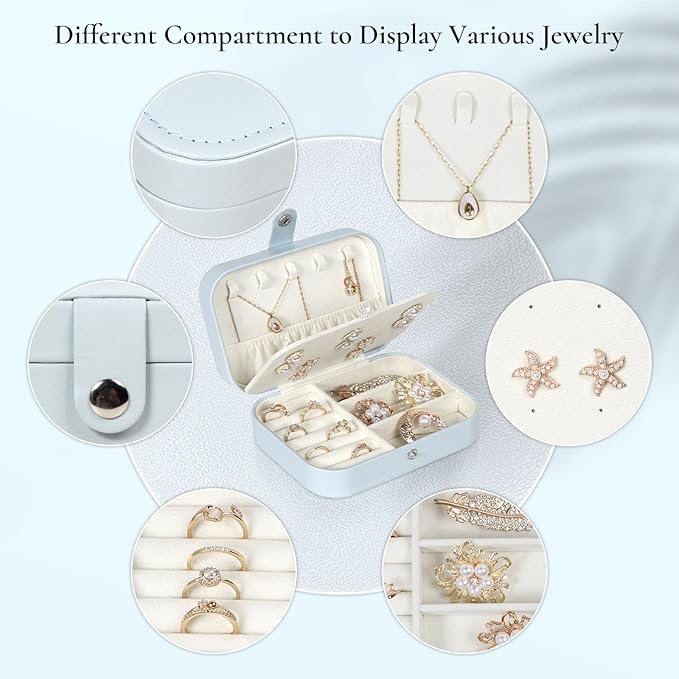 Hatori Travel Jewelry Box, PU Leather Small Jewelry Organizer for Women Girls, Double Layer Portable Mini Travel Case Display Storage Holder Boxes for Stud Earrings, Rings (Light Blue)