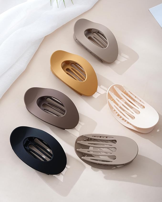Mesovor 6 Pack Flat Hair Claw Clips, 4.33" Nonslip Large Round Lay Flat Hair Clips | Strong Hold French Flat Hairclips for Lying Down, Yoga, Driving (Neutral Matte)
