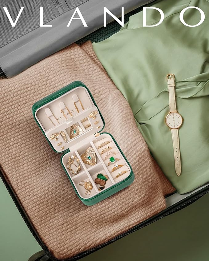 VLANDO Small Travel Jewelry Box Organizer - Girls Women Gift Rings Earrings Necklaces Jewelry Storage Display Case with Mirror Dark Green