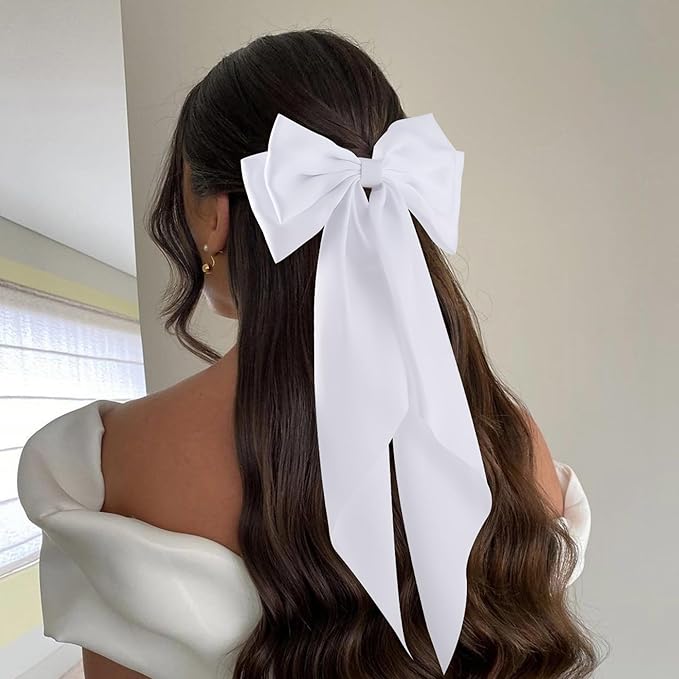 6Pcs Large Bows Hair Clips for Women Girls Long Tail Hair Ribbon Silky Satin Barrettes Coquette Bows Accessories (White)