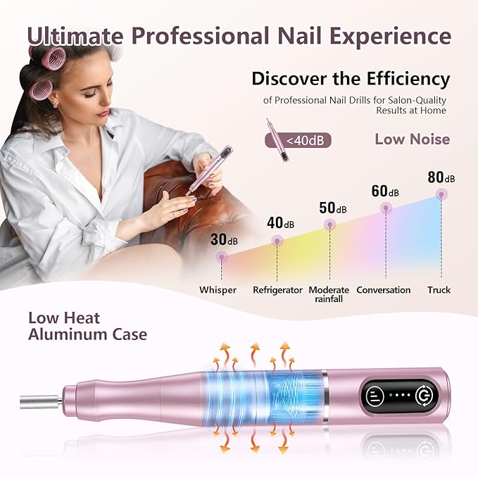 Cordless Nail Drill Electric Rechargeable File Kit, Professional Efile Acrylic Gel Nail Polish Remover Pedicure Manicure Machine Portable Set with 11 Bits 56 Sanding Bands (Pink)