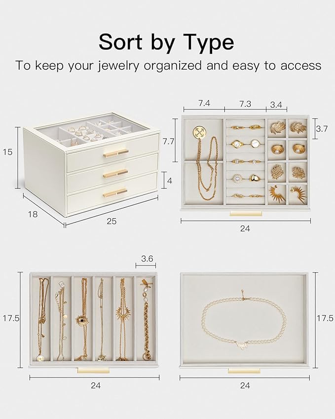 VLANDO Jewelry Box for Women, Glass Lid Jewelry Organizer with 3 Drawers for Necklaces Rings Earrings Bracelets Mother Day Gift for Mom - Cloud White
