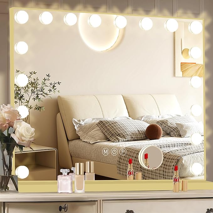 Gold Hollywood Vanity Mirror with Lights, 18 Dimmable Bulbs, 3 Color Lights,Make Up Lighted Mirror, Aluminum Metal Frame, USB Charging Port（32" x 24"）