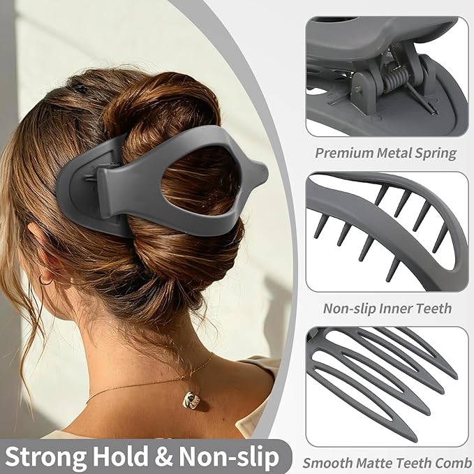 5.5 Inches Extra Large Flat Hair Clips for Women, 4 Pack XL Big Claw Clips for Thick Hair, Oversized Matte Strong Hold Non-slip Flat Claws, Gray