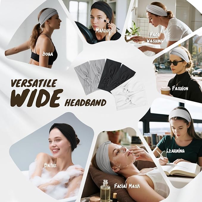 HSEM Headbands for Women, Non Silp Wide Hair Bands, Elastic Thick Head Bands, Stretchy Soft Sports Sweat Bands for Spa Workout Running Gym, Cotton Cloth Hair Accessories 6Pcs, Two Black/White/Gray
