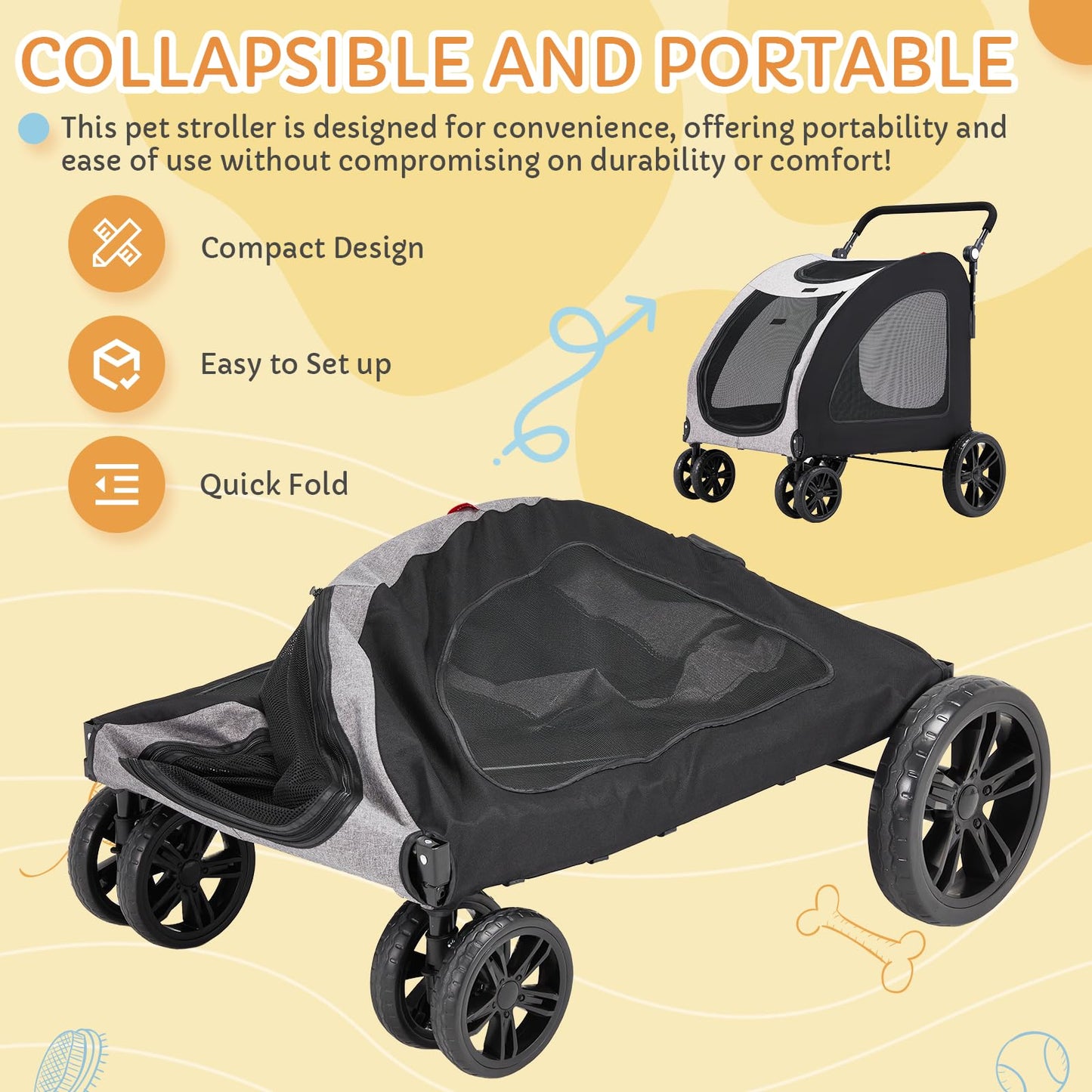 Danrelax Large Pet Stroller for Large & Medium Dogs, 77 lb Capacity, 12" All-Terrain Shock Absorbing Wheels, Waterproof 600D Grey Linen, Heavy-Duty Extra Large Pet Pram, Foldable Travel Stroller