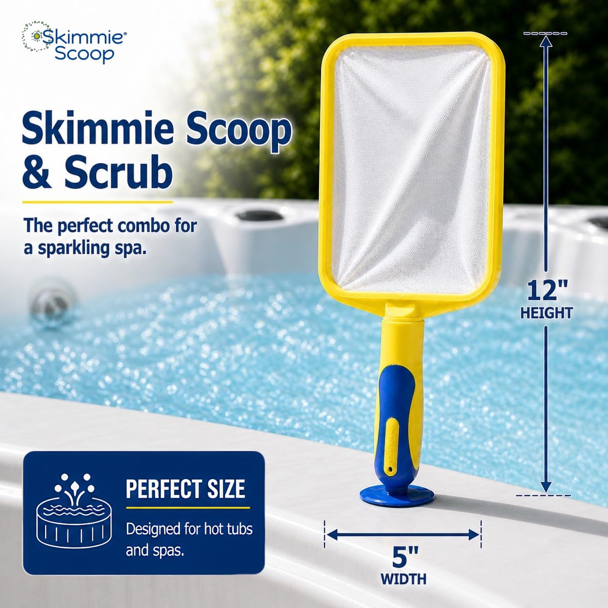 The Skimmie Scoop - Patented Handheld Skimmer with Fine Mesh Net for Spa, Hot Tub, Cold Plunge and Small Pool Cleaning - Lightweight and Durable with Powerful Suction Cup - Clean Out Filter (Yellow)