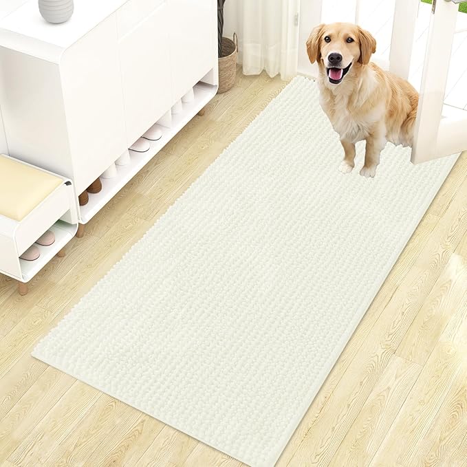 OLANLY Dog Door Mat for Muddy Paws 47x24, Ultra Absorbent Chenille Mud Doormat, Non-Slip Washable and Dirt Trapping Doormat for Indoor Entryway, Quick-Dry Indoor Pet Bed Mats for Dogs, Ivory