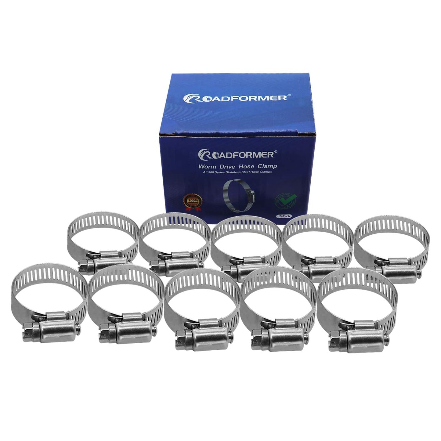 ROADFORMER 2" Worm Gear Hose Clamp - SAE 32 Size, Full Stainless Steel with 1/2" Band Width, Working Range 40mm - 64mmHose Clamps, 10 Pack