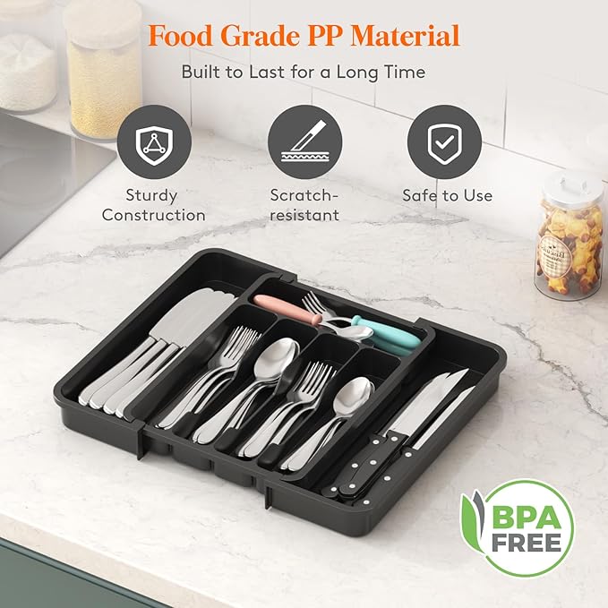 Lifewit Silverware Drawer Organizer, Expandable Utensil Tray for Kitchen, BPA Free Flatware and Cutlery Holder, Adjustable Plastic Storage for Spoons Forks Knives, 8.9-14.7 x 12.2", Black