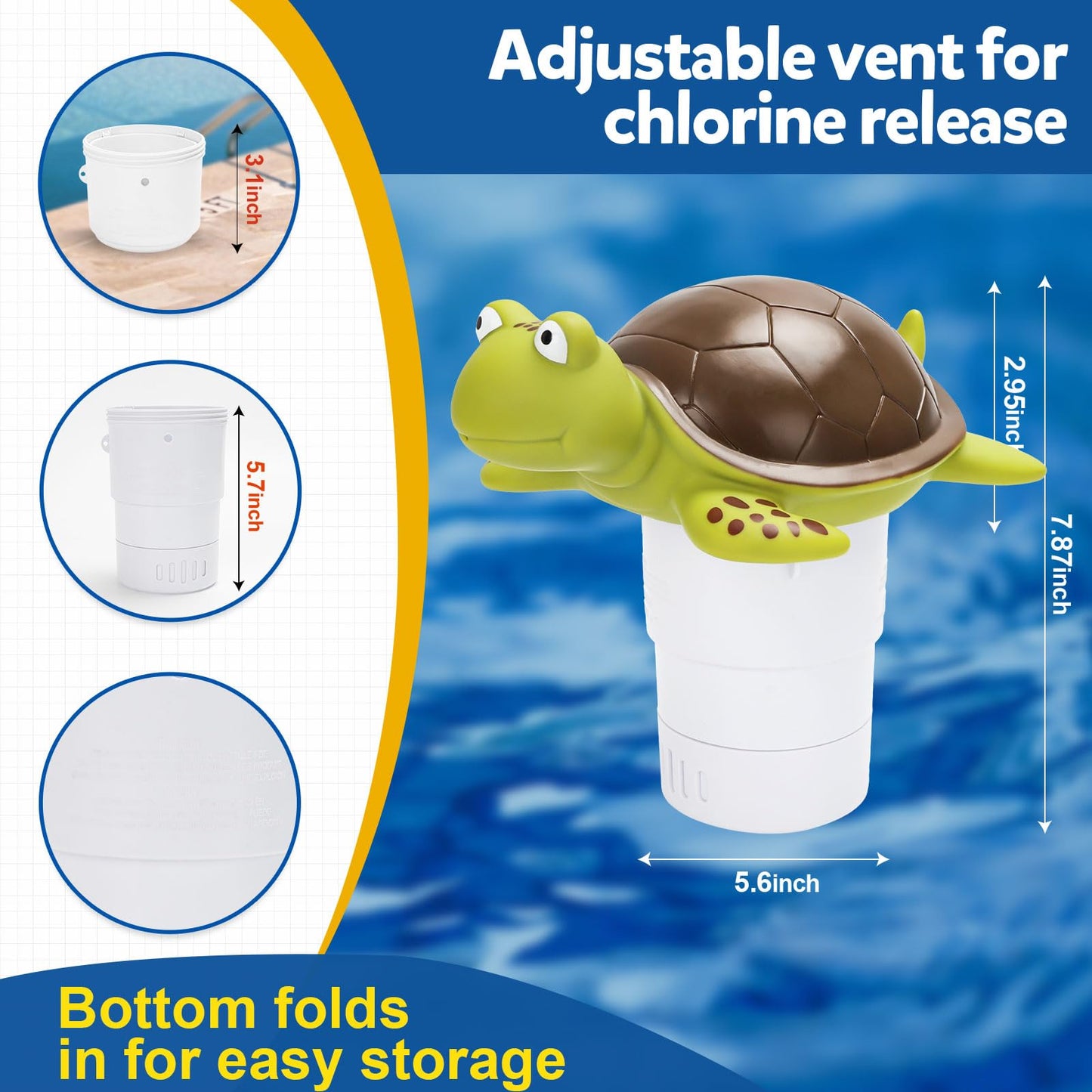 Merkia Pool Chlorine Floater, Large Capacity Floating Chlorine Dispenser Fits Up to 5 Pc 3-Inch Chemical Tablets, Heavy-Duty Plastic-Anti-Aging,Top Vacuum Design- Prevent sinkin (Turtle)