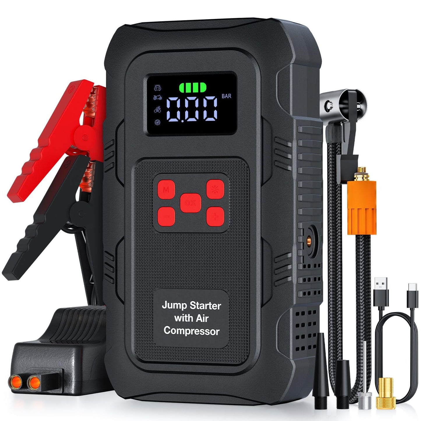 5000A Jump Starter with Air Compressor,A1 Car Jumper Starter with 150PSI Tire Inflator 12V Jump Box with LCD Display,Flashlight,Storage Case (Up 10L Gas/8L Diesel Engine