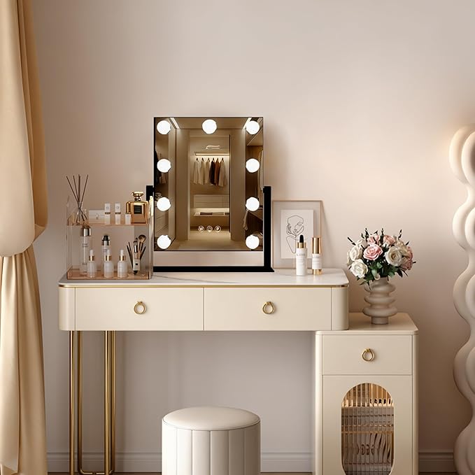 Black Hollywood Vanity Mirror with Lights, 9 Dimmable Bulbs, 3 Color Lights,Make Up Lighted Mirror, 10x Magnification 360°Rotation(12" x 14")