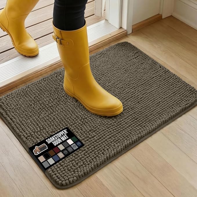 GORILLA GRIP SoakSTOPPER Dog Door Mat, 30x20 Machine Washable Rug Absorbent Doormat Captures Moisture Mud Dirt, Quick Dry Soft Chenille Entryway Rugs Indoor Entrance Mats for Dog Paws, Cappuccino