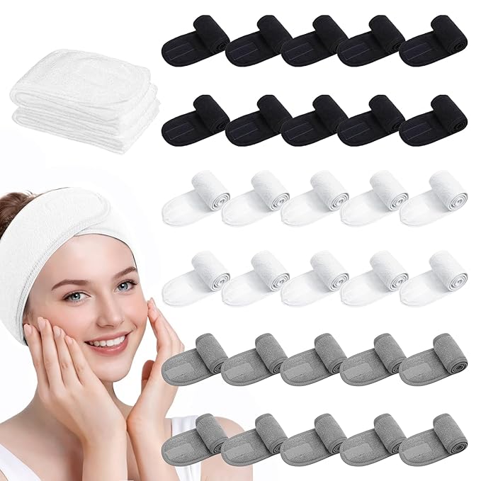 30 Pack Adjustable Spa Headband for Women Non-Slip Facial Hair Wrap (WH&BK&GY, 30)