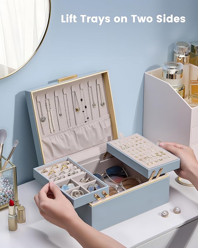 Lolalet Jewelry Box Organizer for Women Girls, 2 Layer Jewelry Organizers and Storage for Necklace Earrings Rings Bracelets, Large Jewellery Holder Case Birthday Valentine Gifts -HazeBlue