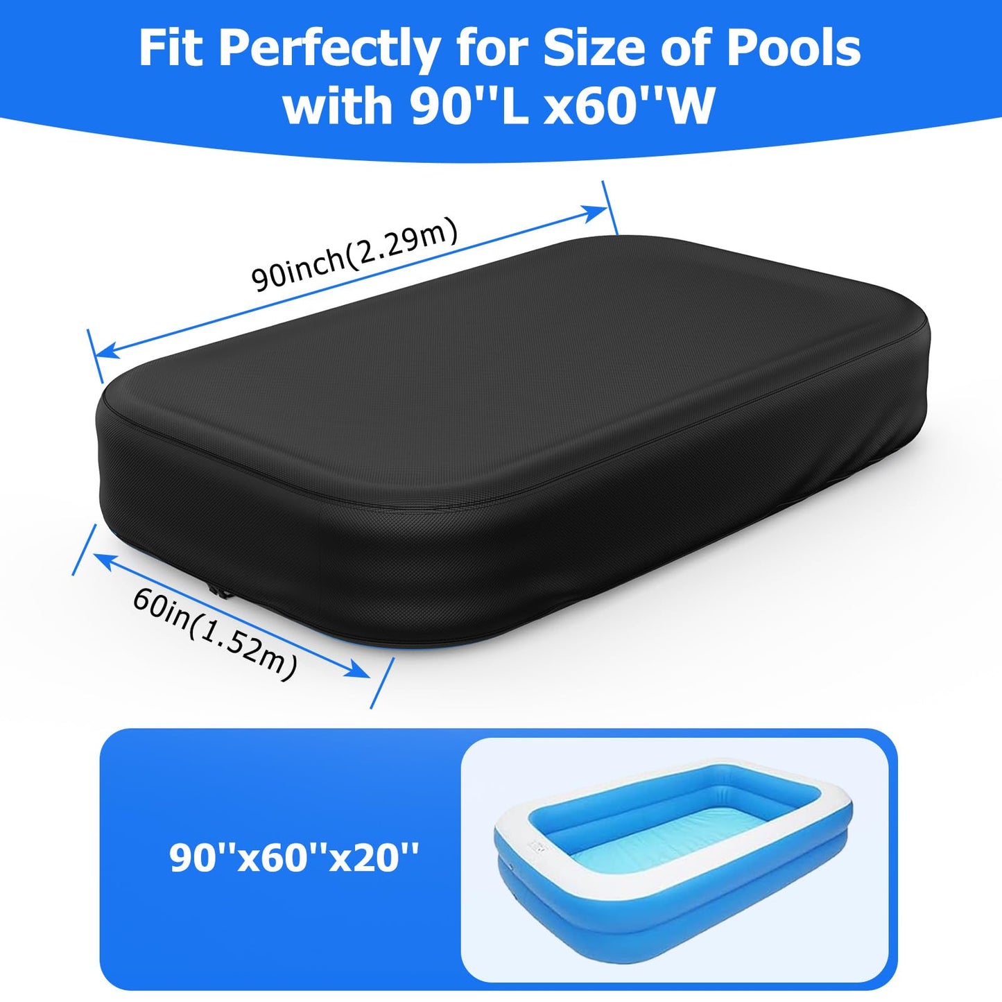 Rectangular Pool Cover for Inflatable Pool, Fits Blow Up Pool Size 90" L x 60" W, Built-in Elastic Band and Extra Buckle to Prevent Slipping, Rectangle Above Ground Swimming Pool Cover