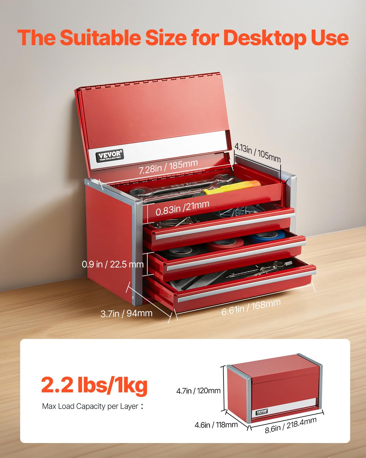 VEVOR Metal Tool Box, 8.6-inch, Portable Metal Tool Box with 3 Drawers, Small Tool Chest with EVA Liners and PP Feet Pads, Heavy-Duty Steel With Ball Bearing Opening and Powder Coated Finish, Red