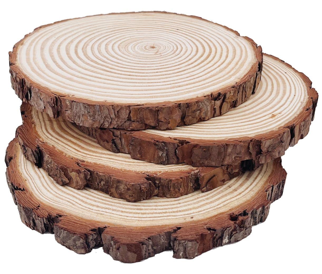 Natural Round Discs Rustic Wood Slices 4 PCS 8.2-9 inch Unfinished Wood kit Circles Crafts Tree Slices with Bark Log Discs for DIY Arts and Wedding Party Potluck Banquet Ornaments Decorations