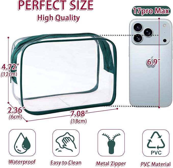 12 Pieces Clear Makeup Bags Bulk, TSA Approved Toiletry Bag PVC Cosmetic Toiletries Pouch with Zipper, Waterproof Vinyl Plastic Organizer Case for Carry-on Travel Essentials (Green Medium)