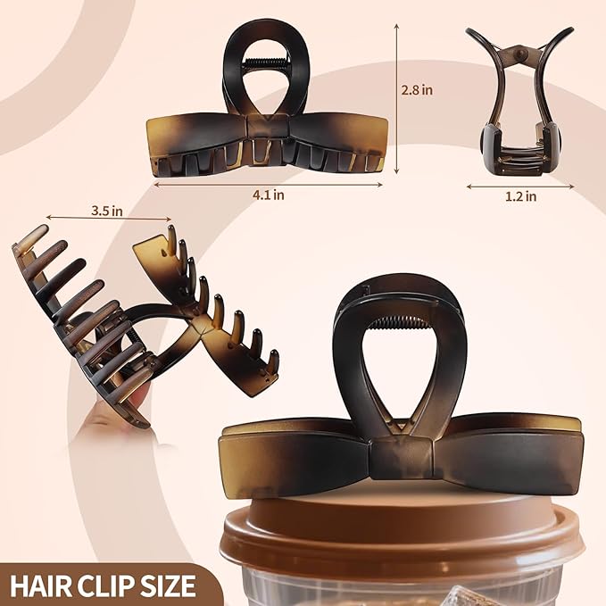 Fashion Bow Hair Claw Clips, 7 Pack 4.1 Inches Non-Slip Large Hair Clips for Women, Matte Tortoiseshell and Neutral Colors Hair Bows for Thick Thin Hair