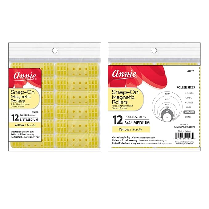 Annie Snap-On Magnetic Rollers 3/4 Inch Yellow 12 Pack - Medium Hair Curlers for Curls & Waves - Durable, Reusable & Easy to Use on Dry or Damp Hair - Secure Fit for All Hair Types
