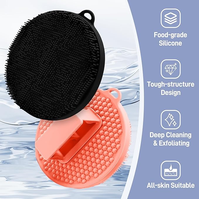 Silicone Body Scrubber 2PCS, Hygienic Silicone Loofah with Waved Bristles and Non-Slip Handle, Durable Body Buffer Shower Scrubber for Gentle Exfoliating & Lathering(Black+Pink)