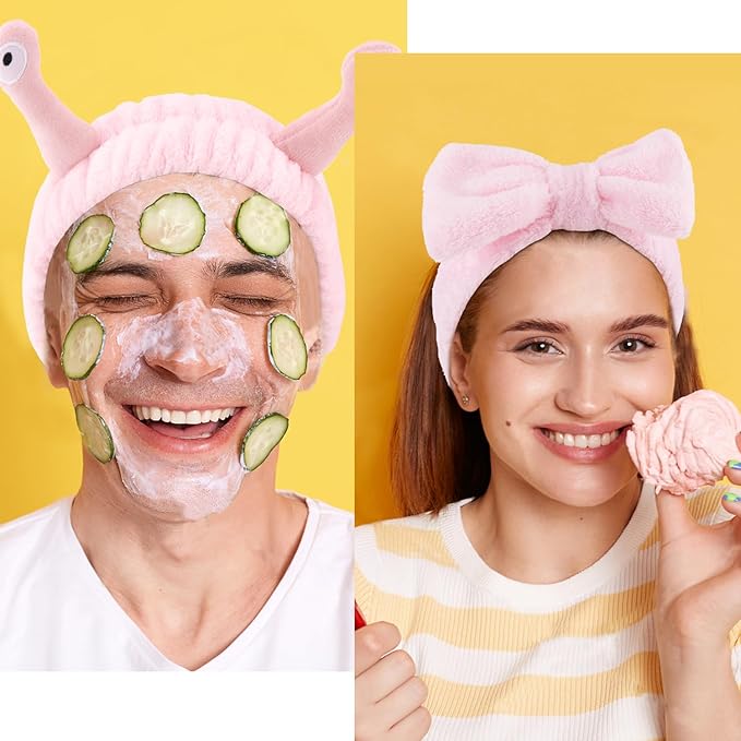 Spa Headband and Wristband Set Skincare Headband Makeup Headband Bowknot Snail Headbands Wrist Bands for Washing Face Cute Animal Face Wash Headband for Women Girls (Pink)