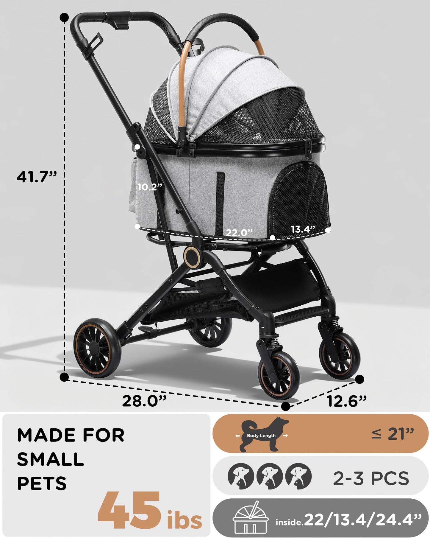 GTPLAYER Pet Stroller for Small Dogs and Cats, One-Click Foldable, Detachable Carrier, Breathable Mesh, 45 lbs Capacity, 2 Safety Leashes, Storage Basket & Cup Holder, Grey