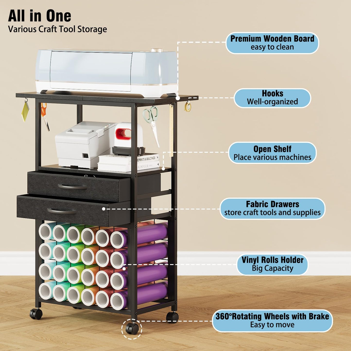 VENNQD Organizer and Storage Stand Compatible with Cricut Machines,Rolling Storage Cart/Shelf with 24 Vinyl Roll Holders，2 Fabric Drawer,Accessories Holder,Tool Hook for Craft Room Home (Black)