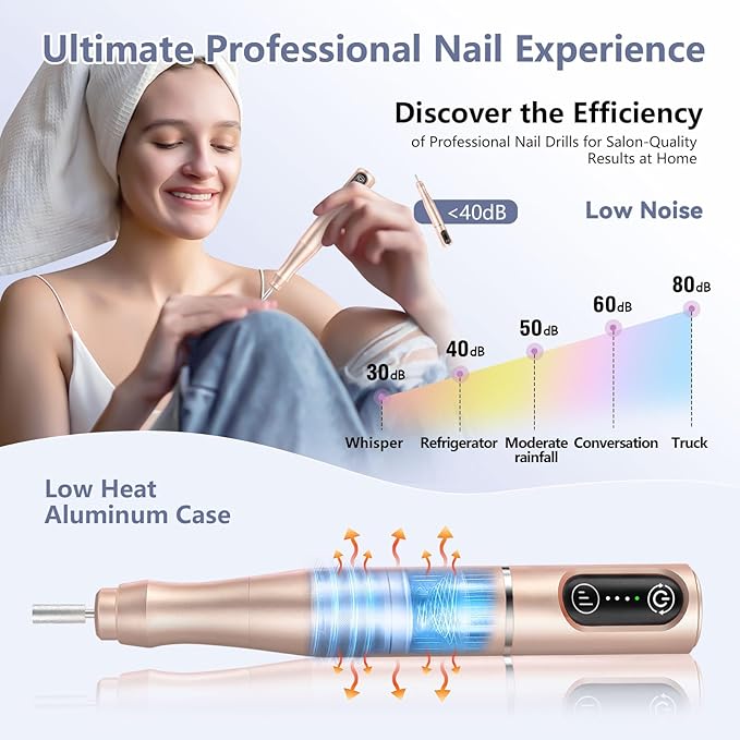 Cordless Nail Drill Electric Rechargeable File Kit, Professional Efile Acrylic Gel Nail Polish Remover Pedicure Manicure Machine Portable Set with 11 Bits 56 Sanding Bands for Salon Home Gold