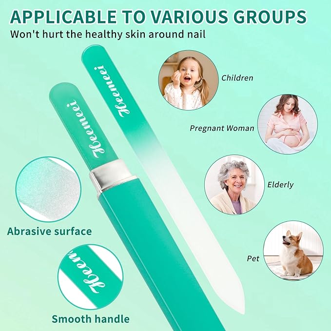 Glass Nail File, Double Sided 180/320 Grit With Case for Natural Nails, Fingernail, Crystal, Pedicure - Green