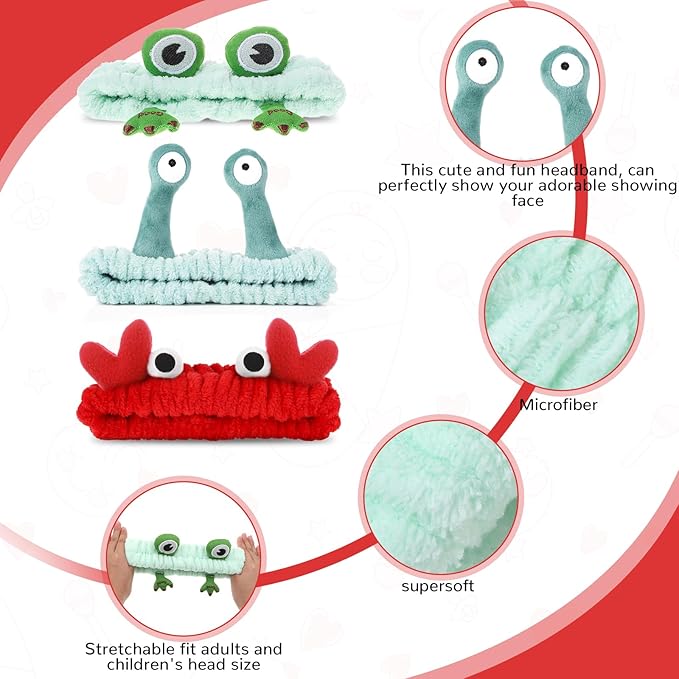 3 Pack Spa Headband Face Wash Hairband Facial Makeup Head Wraps Cartoon Elastic Head Band Cute Frog Snail Crab Shower Headband Creative Hair Accessories for Beauty Skincare Sports