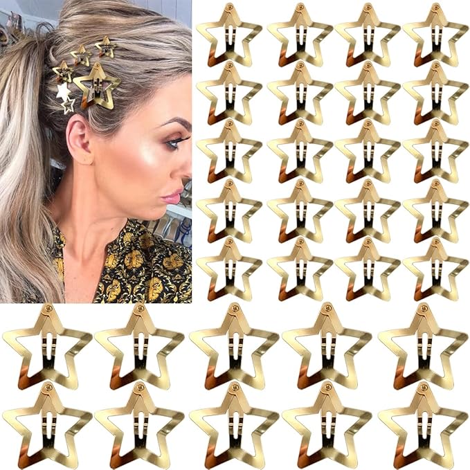 30 PCS Gold Star Hair Clips,20PCS 1.22"Star hair Clip and 10 PCS 1.65"Hair Clip Snap Hair Accessories Non Slip stars Clips for Girls Women gold Accessories Gold Metal Hair Clips