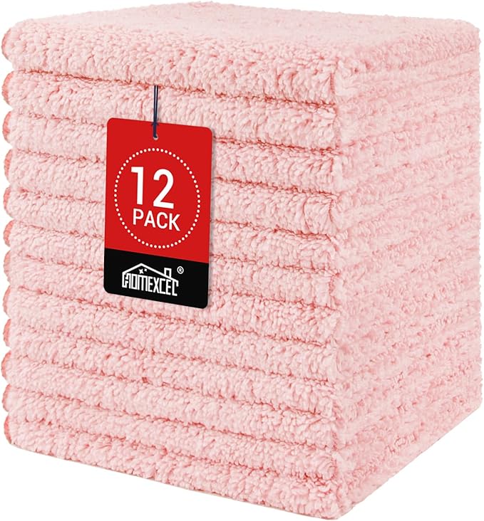 HOMEXCEL Microfiber Washcloths 12 Pack, Highly Absorbent and Soft Face Towel, Multi-Purpose Wash Cloths for Bathroom, Gym, Hotel, Spa and Kitchen, Multicolor 12x12 Inch, Pink