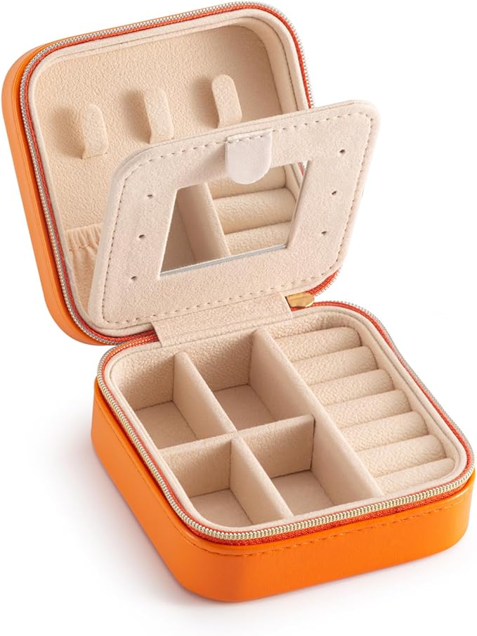 Jewelry Travel Case with Mirror,Small Travel Jewelry Organizer, Portable Jewelry Box Travel Mini Organizer Portable Display Storage Box for Rings Earrings Necklaces (Orange)