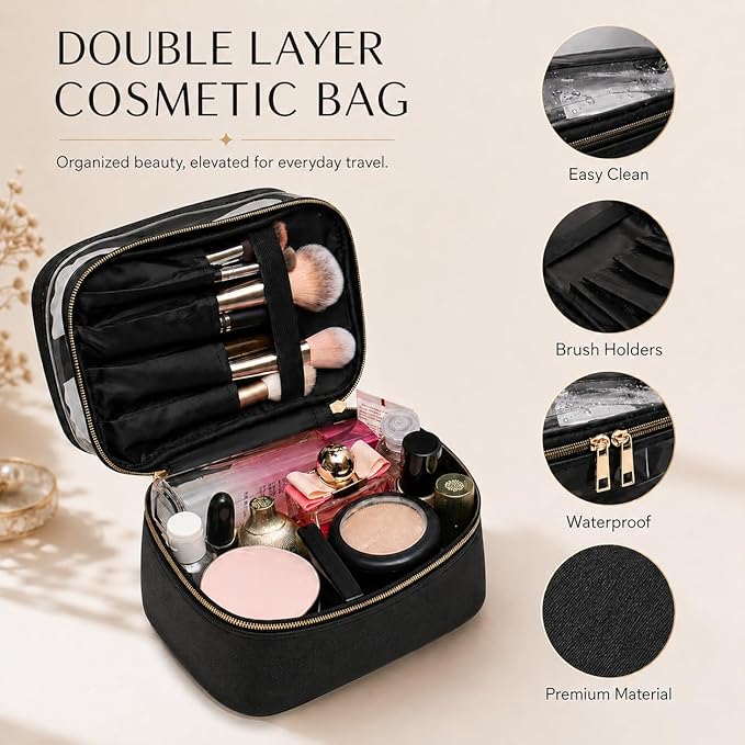 3PCS PU Leather Makeup Bag, Large Travel Cosmetic Pouch, Cute Toiletry Organizer for Women, Black