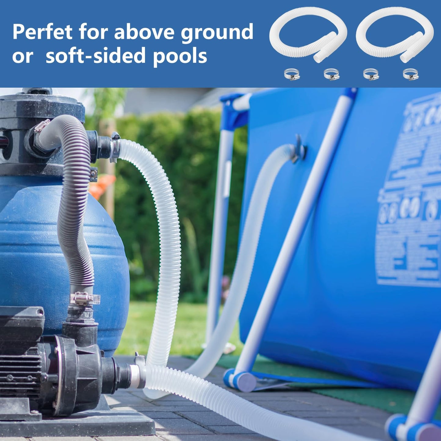 1-1/4 Inch x 3 Foot Long Pool Filter Pump Hoses, 1.25 Pool Hoses Compatible with Intex White Above Ground Pool Flex Connection Suction Hose or Filter - 2 Pack