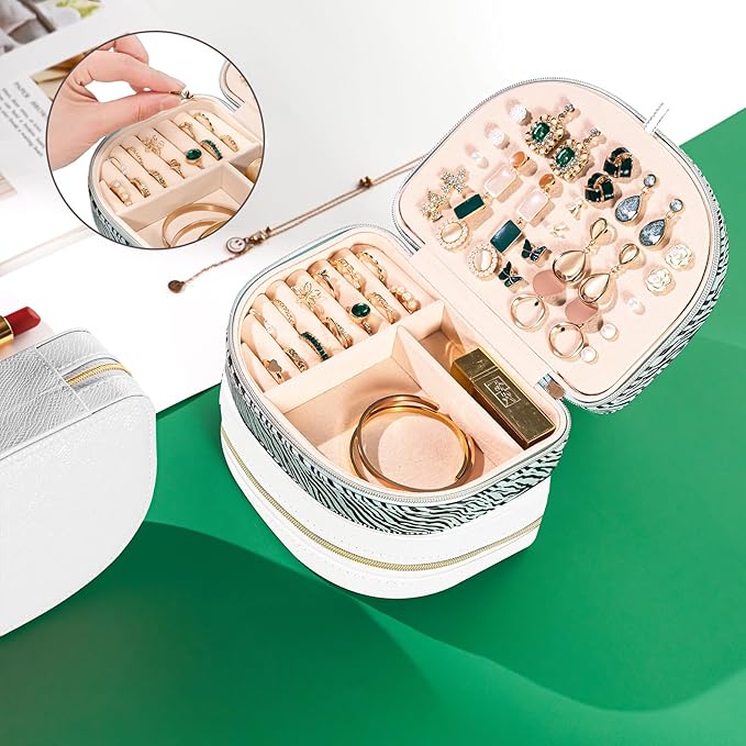 ProCase Travel Size Jewelry Box, Medium Portable Seashell-Shaped Jewelry Case, 2 Layer Jewelry Organizer in PU Leather for Women -Stripe