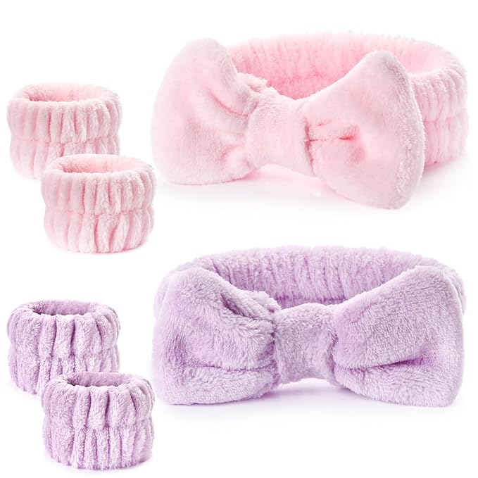 6Pack Headband and Wristband Set for Washing Face, Spa Skincare Makeup Headband, Soft Puffy Hair Band Bow Tie, for Women and Teen Girl Trendy Stuff Gifts