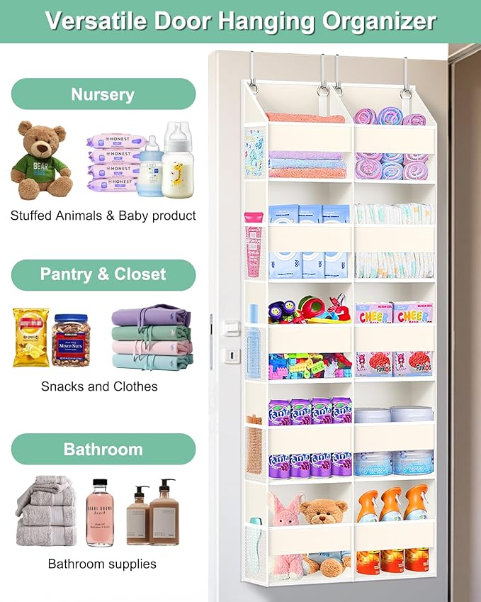 UVIAHOMI Heavy Duty Over The Door Organizer 5 Tiers, Extra Large Behind Door Storage of 10 Big Front & 10 Mesh Pockets, 80lb Weight Capacity, Hanging Doors Storage for Closet Bedroom Nursery, Beige