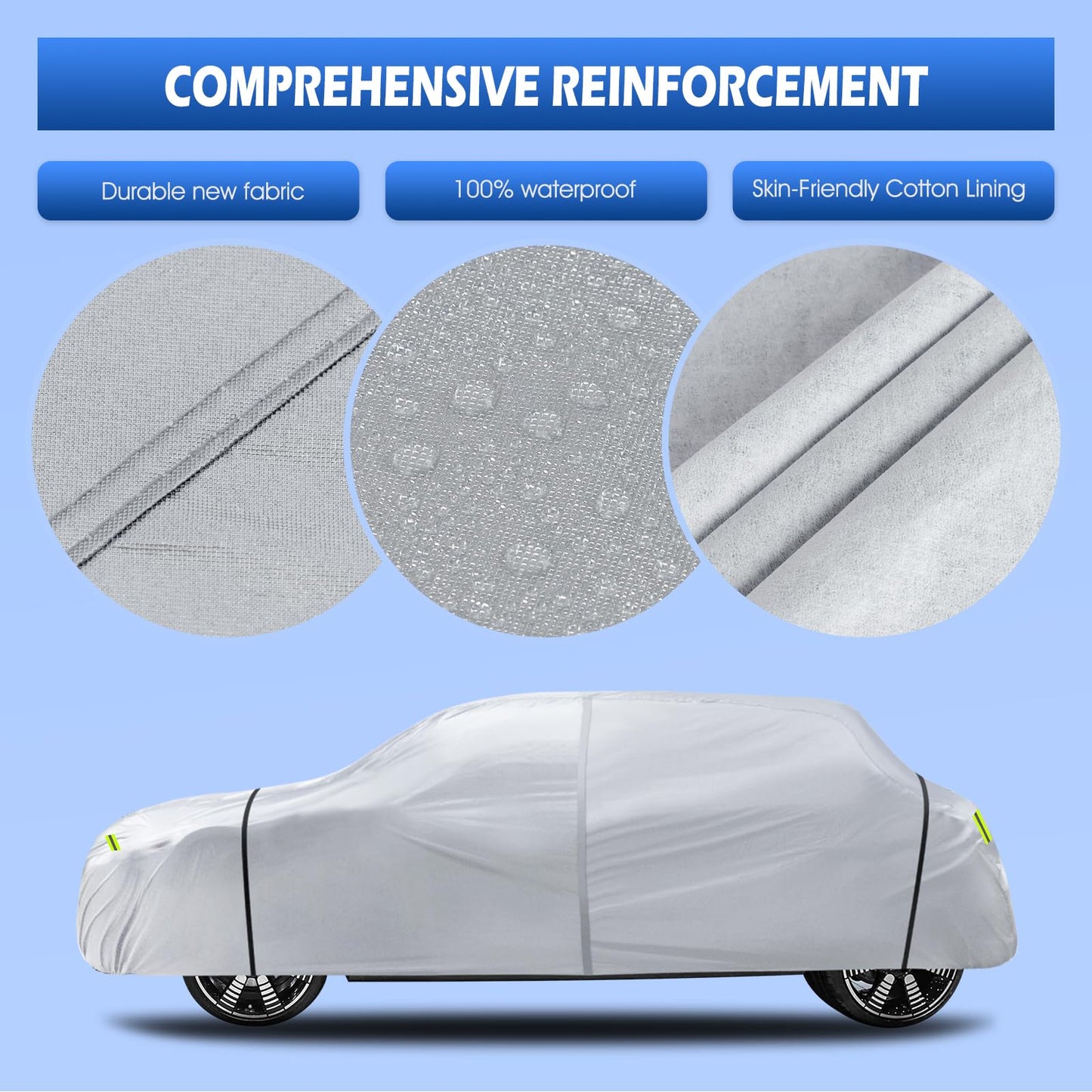6 Layers Car Cover Waterproof All Weather for Automobiles, Size A1 Universal Fit for Nissan Versa, Kia Rio, Hyundai Accent, Audi TT, Porsche 718, etc (UP to 177 inch), Silver