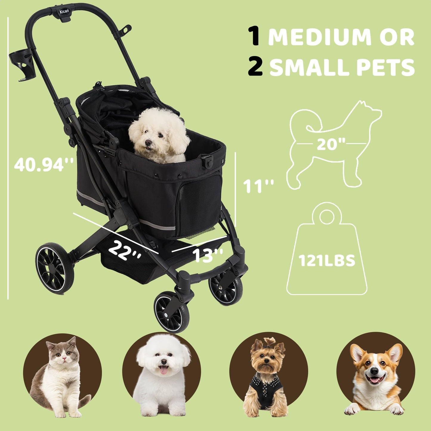 Kicari All-Terrain Dog Stroller for Small to Medium Dogs, Pet Stroller for Dogs & Cats Outdoor Walks, One-Hand Easy Fold, Double-Layer Anti-UV & Waterproof Canopy & Breathable Mesh, Samurai Black