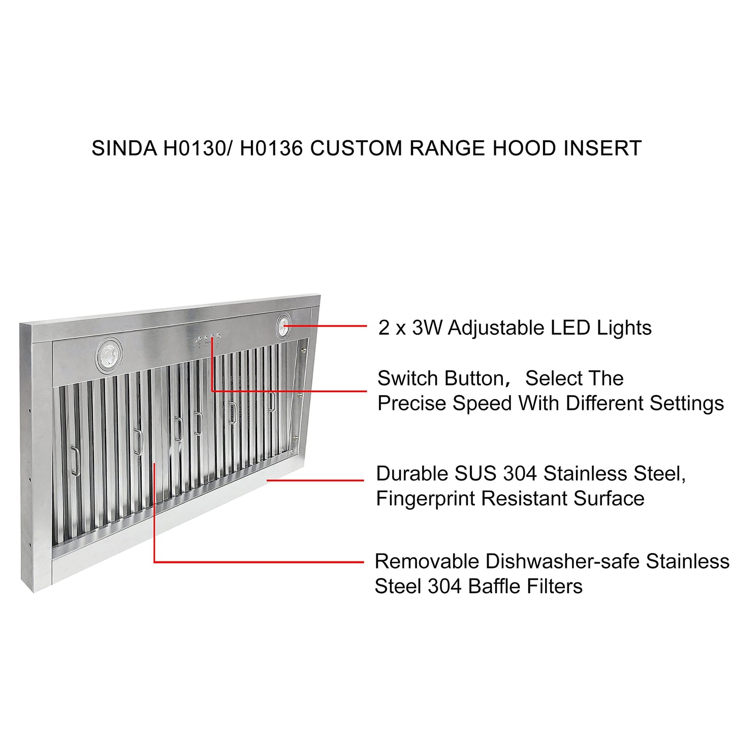 SINDA 30 Inch Built-In/Insert Range Hood, 4-Speed 610 CFM, Stainless Steel Under Cabinet Range Hood Kitchen Vent Hood with Liner and Internal Motor, 6" Duct, Adjustable Lights, Baffle Filter