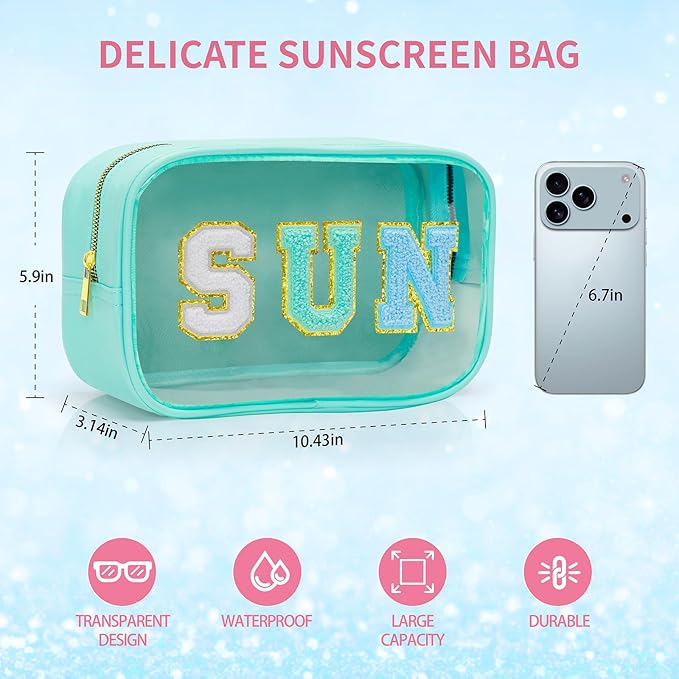 Clear Makeup Bag,Waterproof Sunscreen Bag with Letter Patches,Travel Beach Pool Bag,Personalized Travel Toiletry Cosmetic Bags Gifts For Girl Women Mom Teacher Nurse (Pink-Blue Tone Sun)