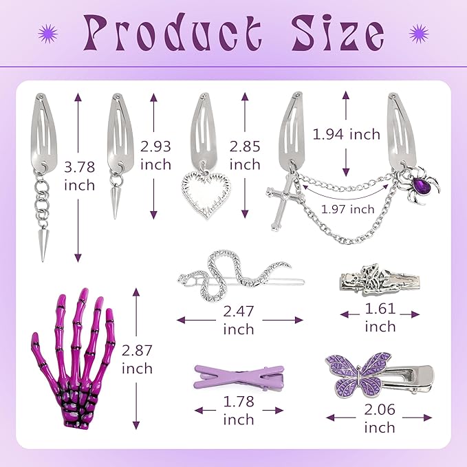 10PCS Y2K Hair Clips Purple Punk Hair Snap Clips Pastel Goth Dangle Spider Skeleton Cross Ghost Snake Halloween Hair Accessories for Women Girls