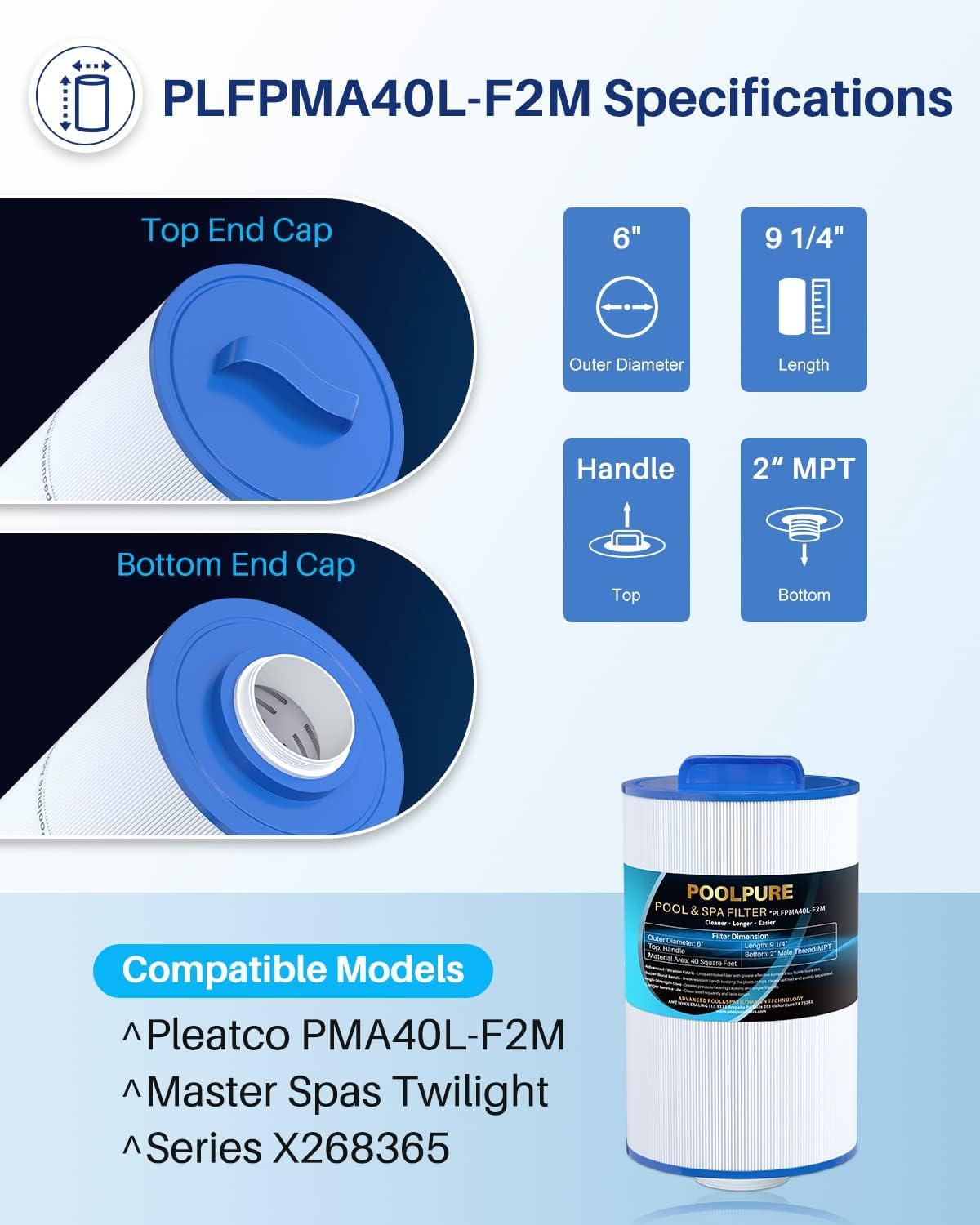 POOLPURE Replacement Spa Filter for PMA40L-F2M, Master Spas Twilight X268365, X268543, Unicel 6CH-402, 2" Male Thread/MPT, Length: 9 1/4" Hot Tub Filter