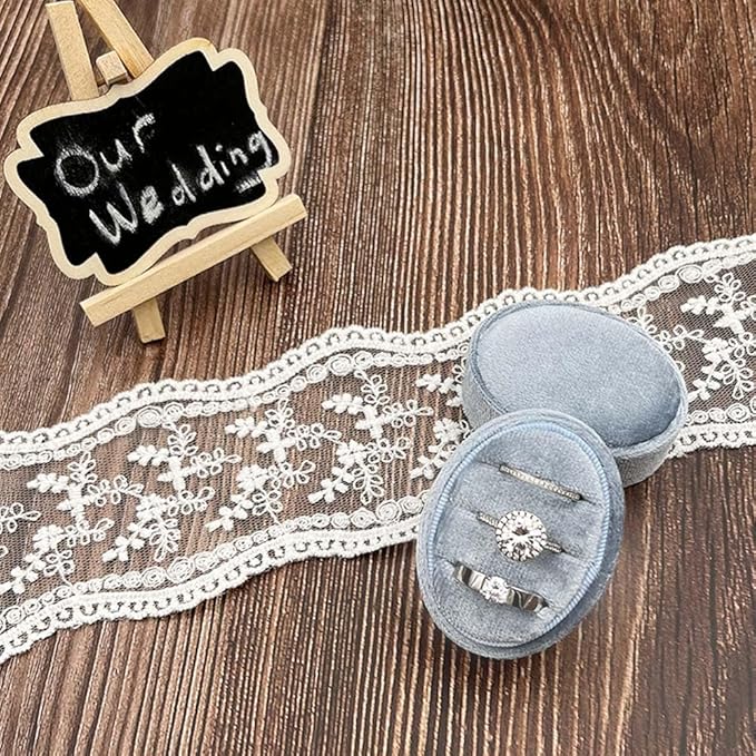 Velvet Oval Ring Box 3 Slots - Premium Wedding Three Rings Box Vintage Handmade Storage Jewelry Organizer for Proposal, Engagement, Wedding Ceremony, Christmas (Blue)