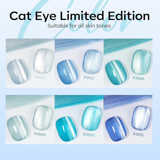 modelones Cat Eye Gel Nail Polish Set, 6 Colors Light Baby Blue Green 9D Cat Eye Glitter Gel Polish with Magnetic Stick Soak Off LED Manicure DIY Salon Gift Starter Kit