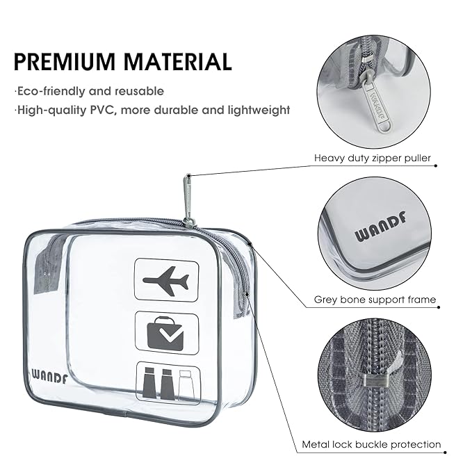 WANDF TSA Approved Toiletry Bag, 2 Packs Travel Clear Toiletry Bag, Quart Size Makeup Cosmetic Pouch with Zipper, Carry-On Airport Compliant Bag for Women and Men (3pcs Grey)